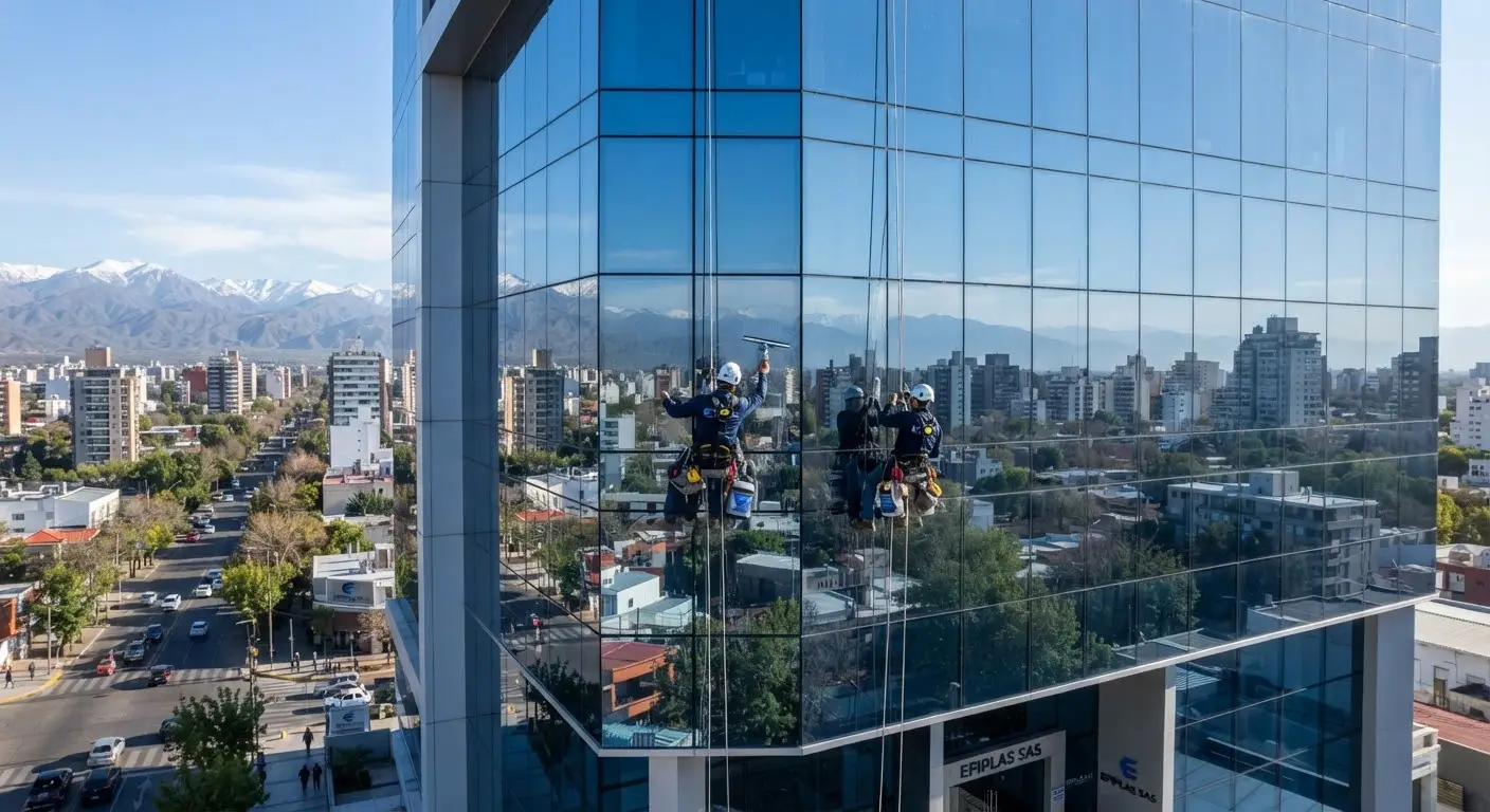 Edificio de oficinas moderno con fachada de vidrio limpio y reflejos del cielo