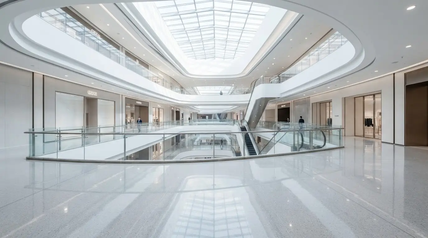 Galería comercial luminosa de varios niveles con pisos relucientes